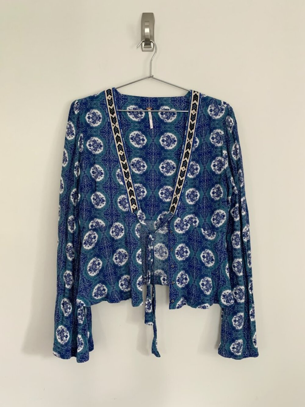 Free People Tie Front Boho Medallion Geometric Print Peplum Top Blue  L